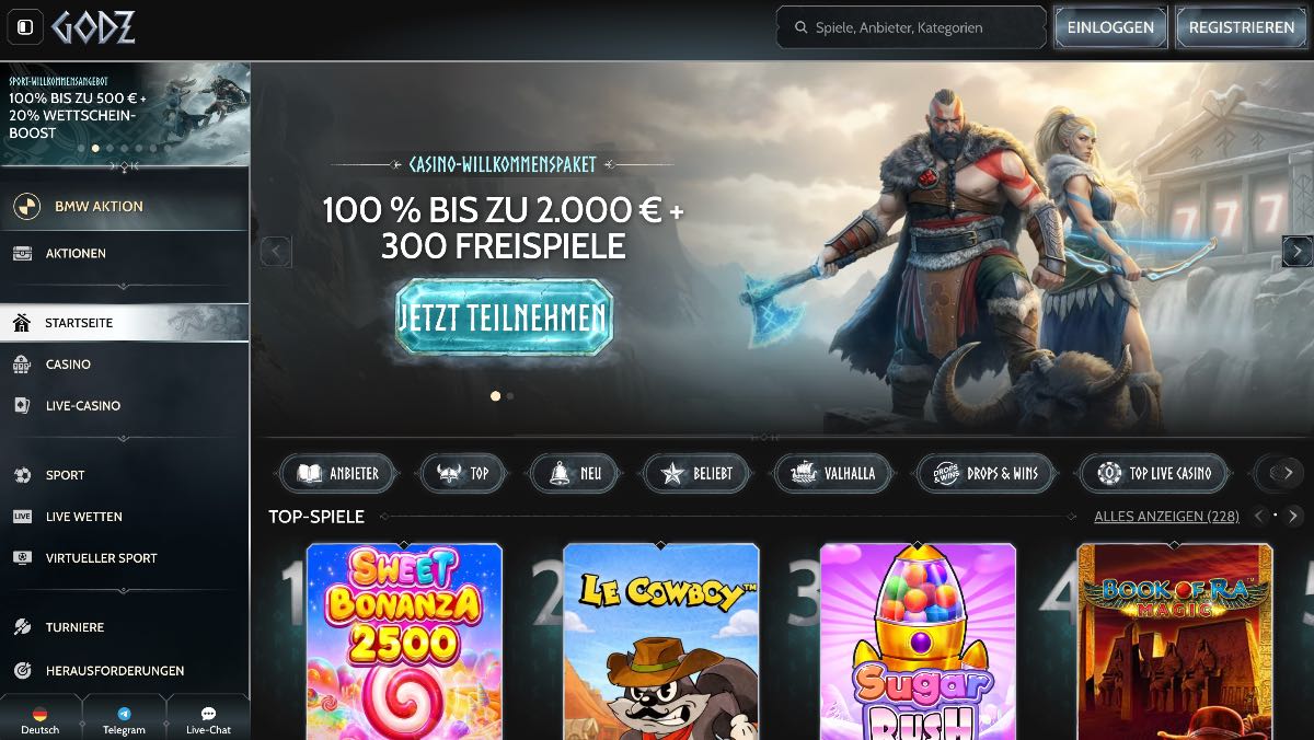 Godz zeichnet sich als exzellentes krypto casino aus, das Spielern maximale Freiheit und blitzschnelle Transaktionen über verschiedene digitale Währungen bietet. Neben einer riesigen Auswahl an Slots und Live-Tischen erwartet dich hier auch ein integrierter Sportwettenbereich. Neukunden sichern sich zum Start ein starkes Paket von 100 % bis zu 2.000 € plus 300 Freispiele.