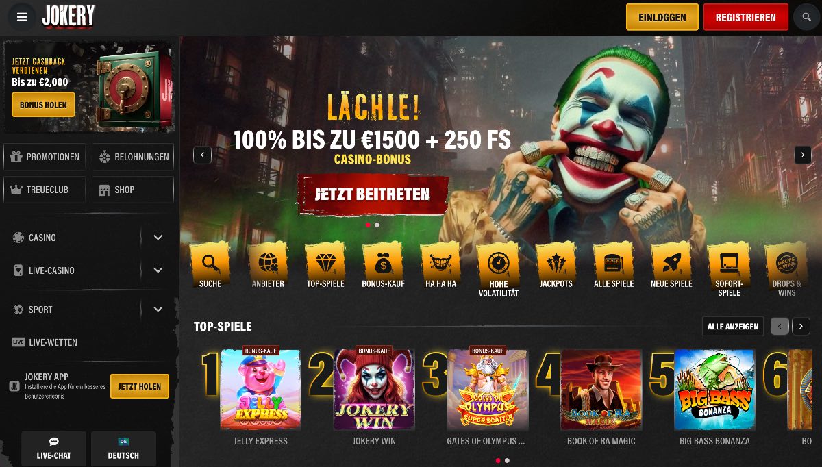 Jokery überzeugt als vielseitiges krypto casino mit einer besonders breiten Auswahl an Zahlungsoptionen, zu denen neben etablierten Coins auch klassische Zahlungswege gehören. Die Plattform bietet unkomplizierte Transaktionen, hohe Limits und ein attraktives 3-teiliges Willkommenspaket von insgesamt bis zu 3.000 € für neue Mitglieder.