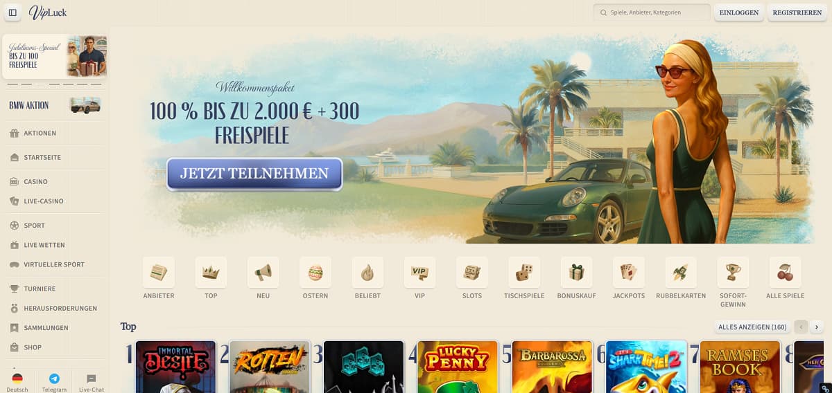 Vipluck ist die perfekte Anlaufstelle für anspruchsvolle Nutzer, die ein zukunftsorientiertes krypto casino mit erstklassigem VIP-Service suchen. Durch die breite Unterstützung zahlreicher Kryptowährungen genießen Spieler uneingeschränkten Spielspaß, zügige Gewinnauszahlungen und einen starken Einzahlungsbonus von 100 % bis zu 2.000 € plus 300 Freispiele.