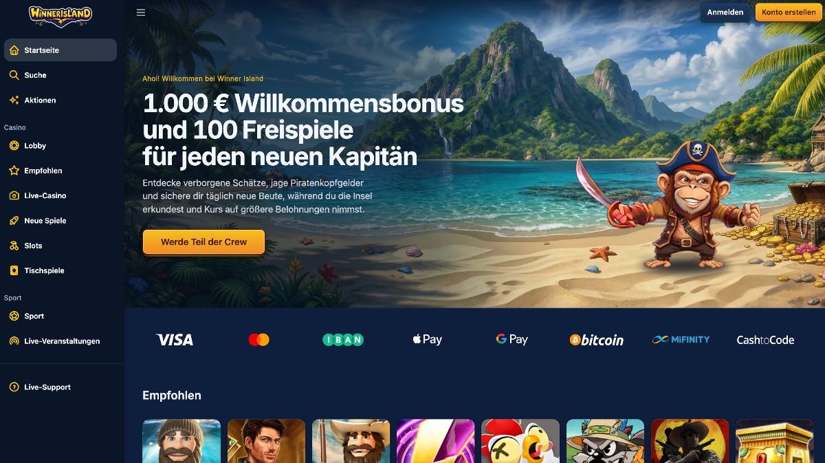 Winnerisland etabliert sich als verlässliches krypto casino für alle, die Wert auf sichere, flexible und vor allem schnelle Payouts auf das eigene Wallet legen. Das Angebot vereint erstklassige Unterhaltung an Tausenden Spielautomaten mit unkomplizierten Einzahlungen. Mit dem exklusiven Captain's Welcome Pack von bis zu 1.000 € plus 100 Freispielen gelingt der Einstieg mühelos.